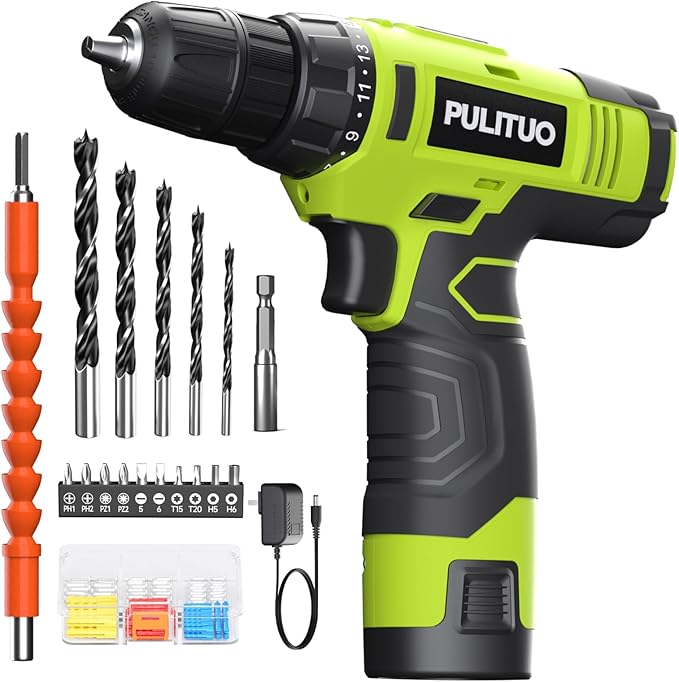 PULITUO 12V Green Cordless Drill Set Power Drill Kit with Battery and Charger,electric drill home improvement,3/8-Inch Keyless Chuck,Built-in LED,21+1 Torque Setting