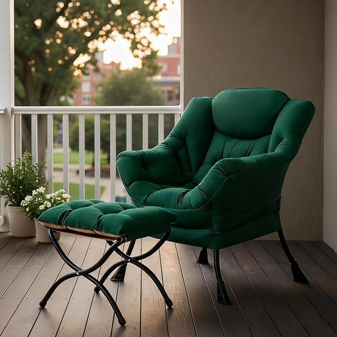 Tiita Lazy Chair with Ottoman, Green Modern Large Accent Chair, Comfy Leisure Sofa Armchair with Ottoman, Reading Chair with Footrest for Bedroom, Living Room, Dorm Rooms, Green