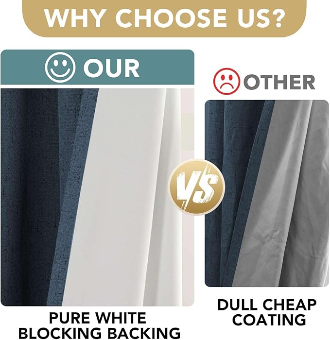 H.VERSAILTEX Linen Blackout Curtains 108 Inches Long 100% Absolutely Blackout Thermal Insulated Textured Linen Look Curtain Draperies Anti-Rust Grommet, Energy Saving with White Liner, 2 Panels, Navy