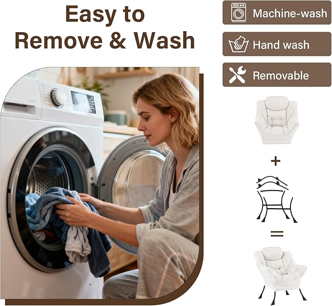 Welnow Lazy Chair with Ottoman, Modern Reading Accent Chair with Armrests and a Side Pocket, Leisure Upholstered Lazy Sofa Set with Footrest for Small Space, Beige