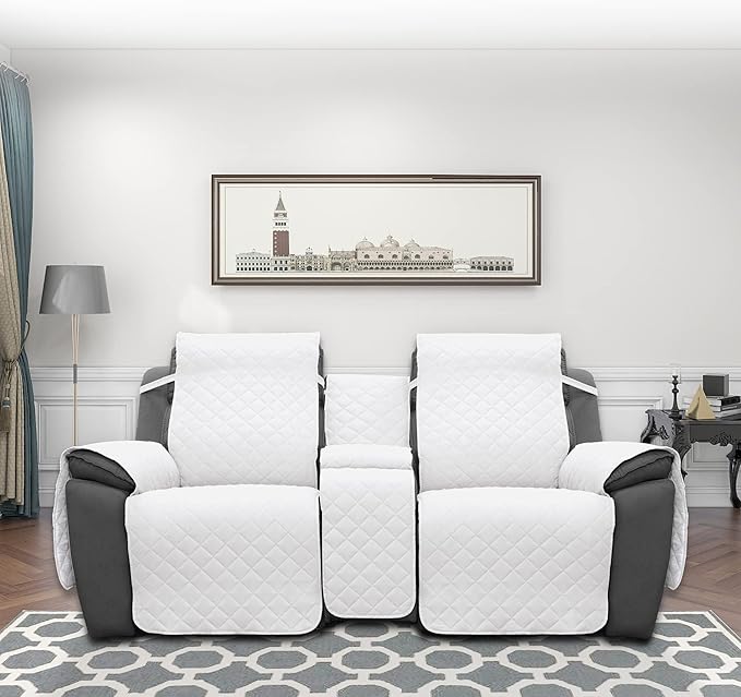 Easy-Going Loveseat Recliner Cover with Console, Reversible Couch Cover for Living Room, Split Sofa Cover for Each Seat with Elastic Straps for Dogs, Pets(2 Seater, White/White)
