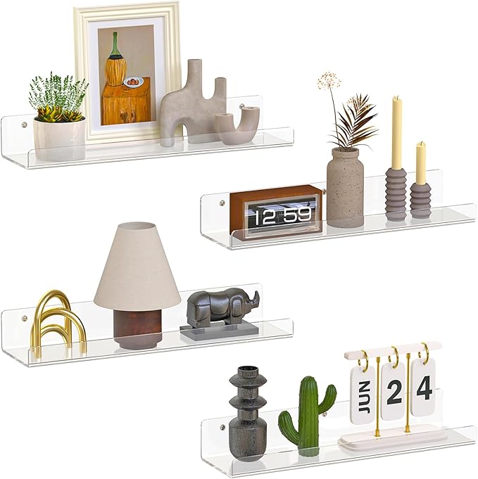 4 Pack Floating Shelves for Wall, 15" Clear Book Shelf, Acrylic Floating Wall Shelf, Display Shelves Organizer for Bathroom, Classroom, Bedroom, Living Room, Kitchen, Room Decor