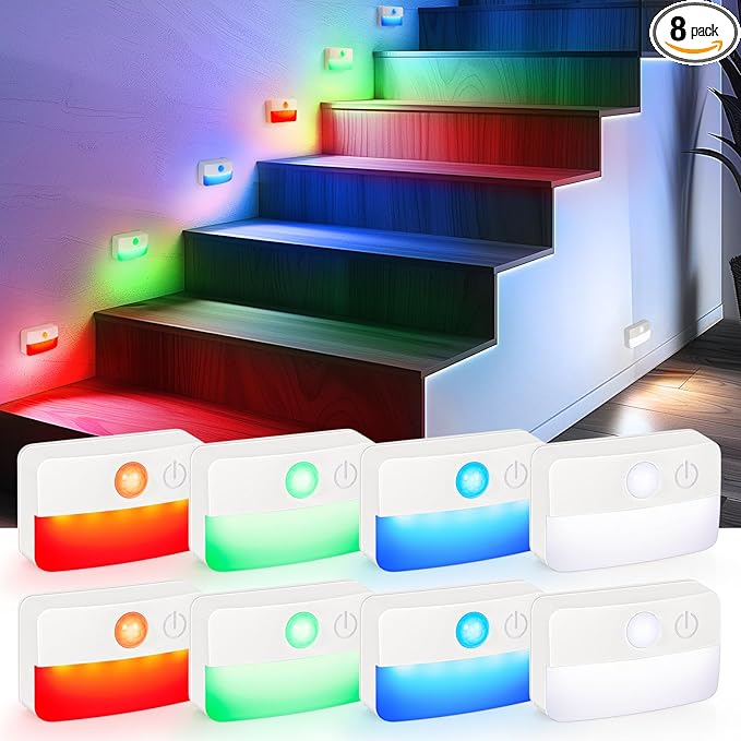 8 Pack Motion Sensor Stair Lights for Indoor, Wireless RGB Battery Operated Night Light, Activated Led Stick On Hallway Closet Under Cabinet Step Lamp for Bedroom Kitchen Bathroom