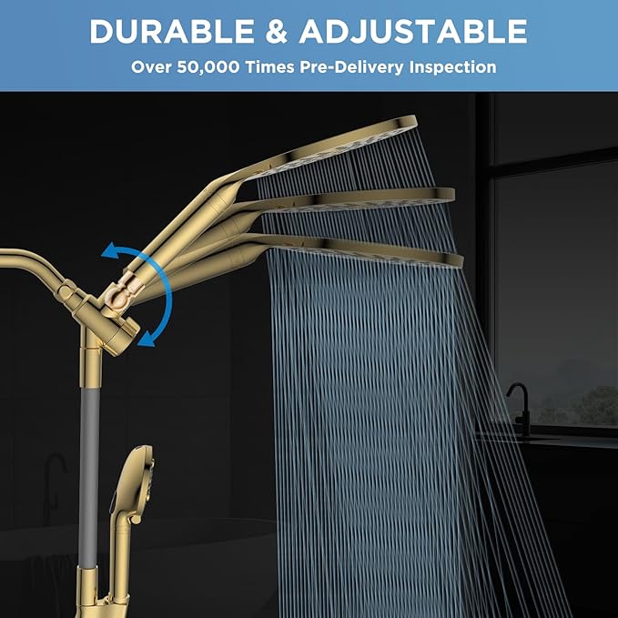 MakeFit Dual Filtered Rain Shower Head Combo, High Pressure Handheld Shower Head with Adjustable Bar - Rainfall Shower Head And Showerhead with Filter for Hard Water - Removes Chlorine(Gold)