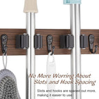 Mop and Broom Holder Wall Mount - Wood Broom Mop Hanger - Wall Mounted Garden Tool Rack Organizer for Closet Garage Laundry Room for Rustic Kitchen Decor With 5 Slots & 4 Hooks