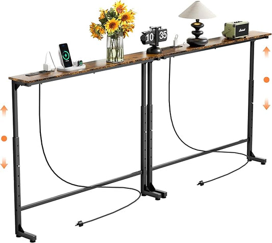GRLEAF 2 Pack Adjustable Height Narrow Console Table with Power Outlets, 78.7" Long Sofa Table with Charging Station Behind Couch Table Entryway Table for Living Room and Hallway – Rustic Brown