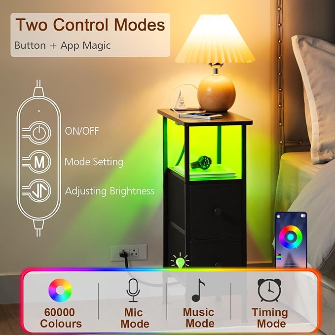 Narrow Nightstand with Charging Station, End Tables Living Room Set of 2, Skinny Side Table with Fabric Drawers, Small Sofa Table with LED Light for Bedroom, Black, HETNDP02LBK