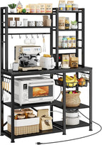 SNTD Baker Rack with Power Outlet - Microwave Stand with Storage, Large Coffee Bar Station with 14 Hooks, Metal Kitchen Shelf Rack for Spices, Pots (Rustic Black)