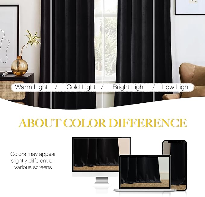 NICETOWN Black Velvet Blackout Curtains 80 inch Long for Bedroom and Living Room, Rod Pocket Drapes Soft Privacy Protection Window Treatments for Hall (2 Pieces, 52" Wide)