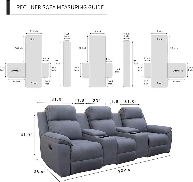 Easy-Going Recliner Sofa Cover with Console, Reversible Couch Cover for Living Room, Split Sofa Cover for Each Seat with Elastic Straps for Kids, Dogs, Pets (3 Seater, Black/Beige)