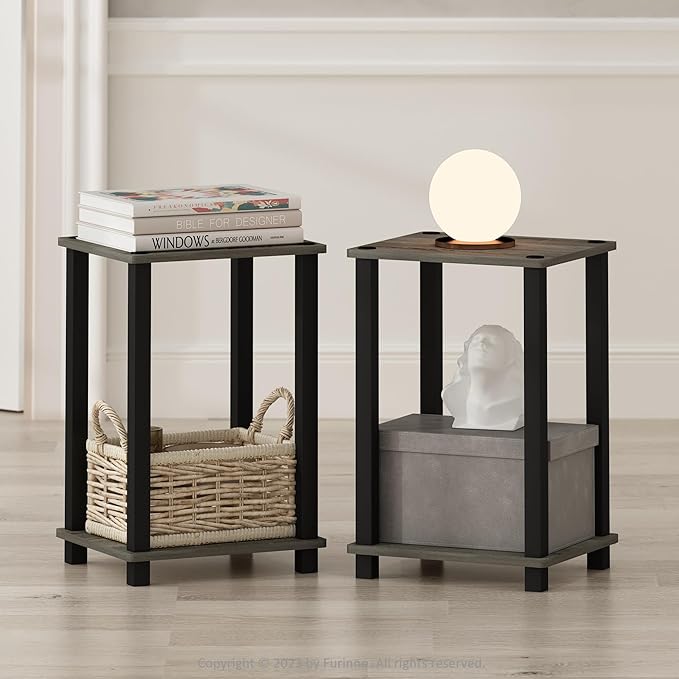 Furinno Simplistic Night Stand Set of 2, 2-Tier Small Nightstand with Open Shelf, Toolless Assembly Bedside Table, End Table, Side Table, for Bedroom, Closet, Dorm, French Oak