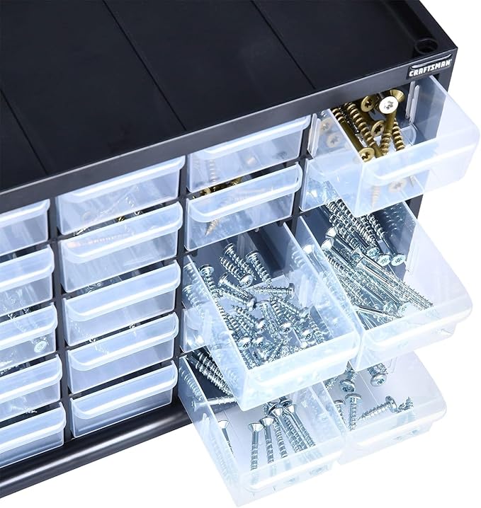 CRAFTSMAN Storage Organizer, 30 Small Drawer Modular Storage System, Easily Stackable, Plastic, Black, White (CMST40730)