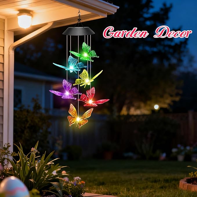 Easter Basket Stuffers Gifts for Her Mom Grandma, Birthday Gardening Gifts for Women, Winzwon Solar Lights Outdoor Wind Chimes for Garden Yard Patio Porch Decor Hanging Butterfly Decorations