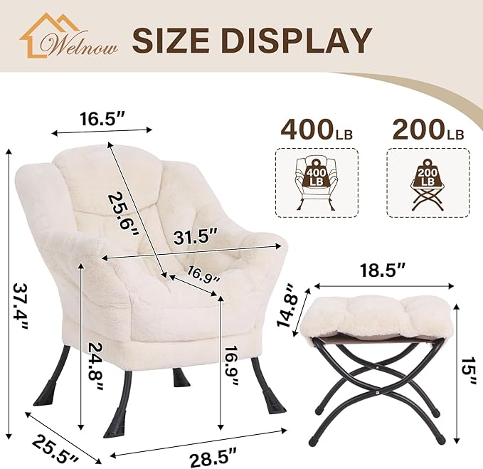Welnow Lazy Chair with Ottoman, Modern Accent Chair with Armrests and a Side Pocket, Leisure Sofa Armchair, Reading Armchair with Footrest for Small Space, Plush Beige