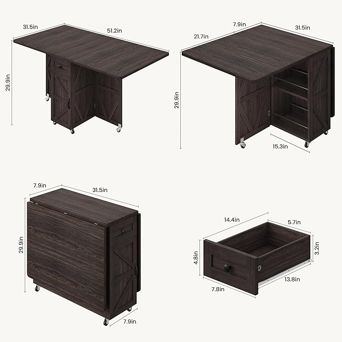 Space Saving Folding Dining Table, Farmhouse Foldable Dining Table with Drawer and 2-Layer Storage Shelf, 6 Wheels Multipose Expandable Folding Kitchen Table for Small Space (Dark Walnut)