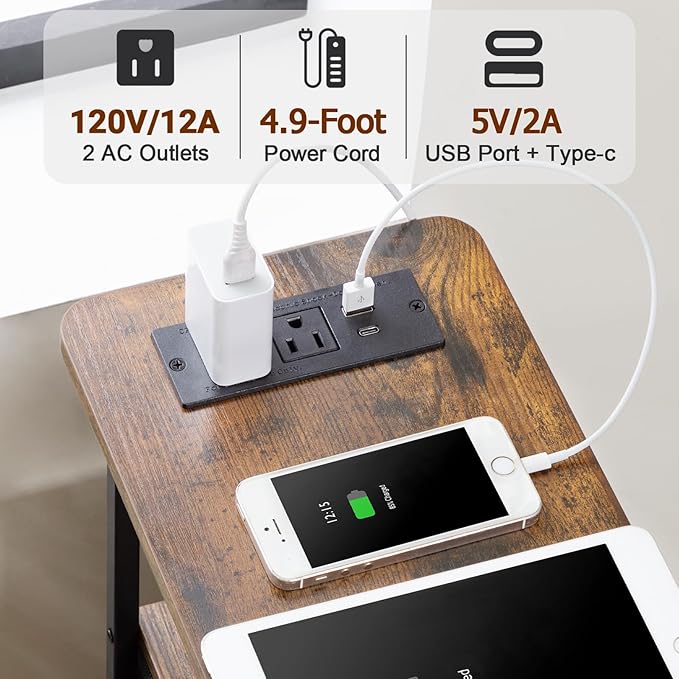 Narrow Nightstand with Charging Station, End Tables Living Room Set of 2, Skinny Side Table with Fabric Drawers, Slim Sofa Table for Bedroom, Small Spaces, Couch, Brown, HETNDP02BR