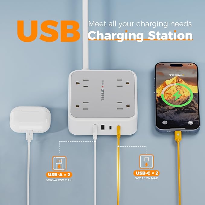 TESSAN Surge Protector Power Strip, 5 Ft Flat Plug Extension Cord with 4 USB (2 USB C) 8 Outlets, 1250W, 900J Protection, 3 Sided Outlet Extender with Power Switch for Office, Dorm Room, Grey