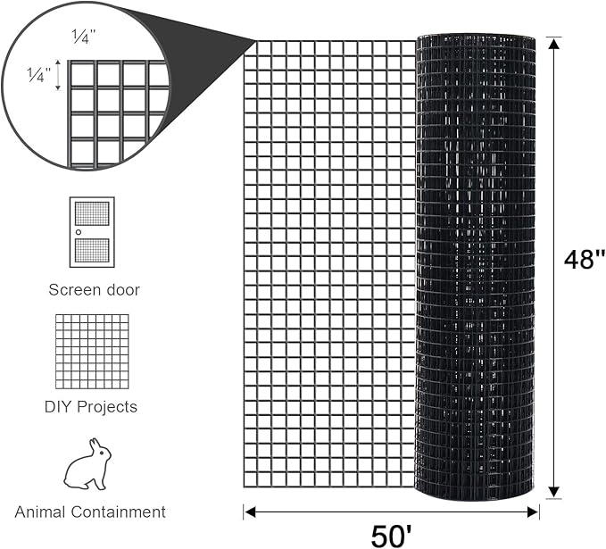 48'' x 50' 1/4inch Hardware Cloth 19 Gauge Black Vinyl Coated Welded Fence Mesh for Home and Garden Fence and Home Improvement Project (48'' x 50')