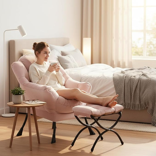 Welnow Lazy Chair with Ottoman, Modern Accent Chair with Armrests and a Side Pocket, Leisure Sofa Armchair, Reading Armchair with Footrest for Small Space, Pink