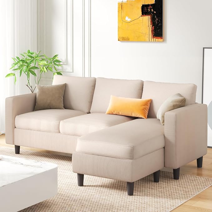 JAMFLY 3-Seat Convertible L-Shaped Sectional Sofa with Reversible Ottoman, Upholstered Fabric Couch for Small Living Rooms, Modern Modular Couch for Apartment, Studio & Loft, Beige