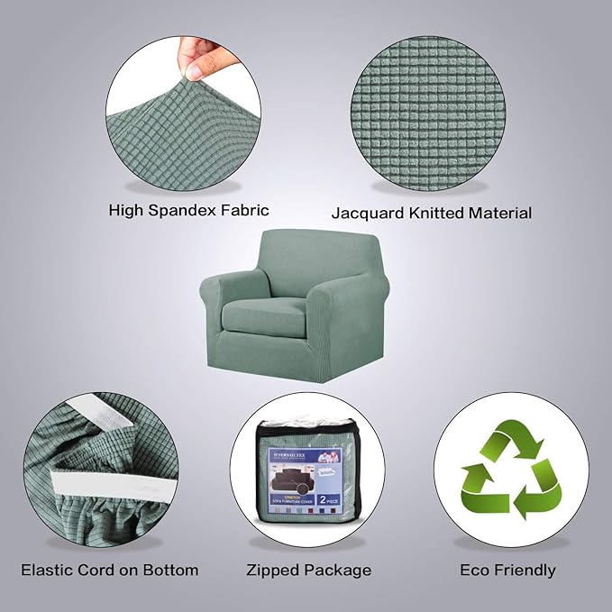 H.VERSAILTEX 2-Piece Armchair Slipcovers with Arms Sofa Slipcover Fit Chair Width Up to 47 Inch, Anti-Slip Rich Stretch Knitted Jacquard Fabric Small Checks(Chair, Sage)