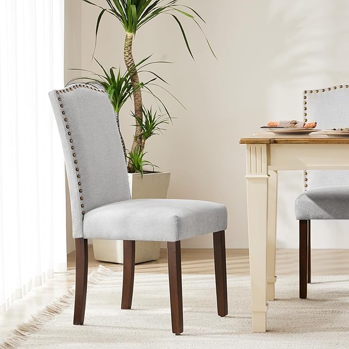 DUMOS Dining Chairs Set of 2, Moden PU Kitchen Table Chairs with Wooden Legs and Padded Seat for Dining Room/Kitchen/Living Room/Restaurant, Light Grey