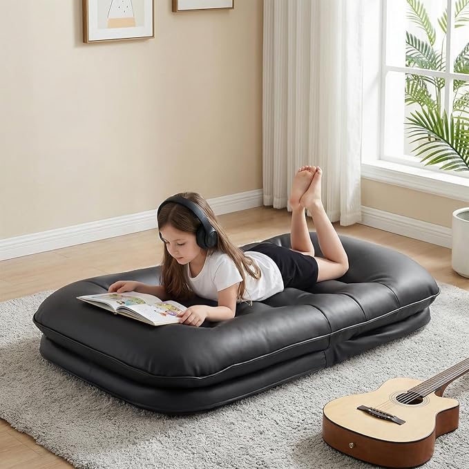 DUMOS Comfy Saucer Chair,PU Leather Foldable Chairs for Bedroom, Dorm & Gaming, Foldable Fashion Floor Chair with Back Support for Small Spaces, New Black