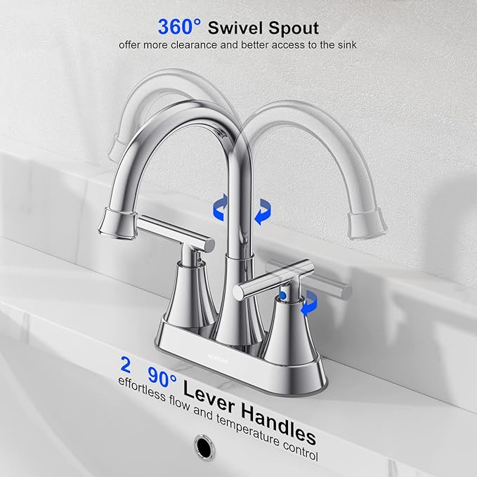 Bathroom Faucets for Sink 3 Hole, Hurran 4 inch Chrome Bathroom Sink Faucet with Pop-up Drain and Supply Hoses, Stainless Steel Lead-Free Centerset Utility Faucet for Vanity RV, 2 Pack
