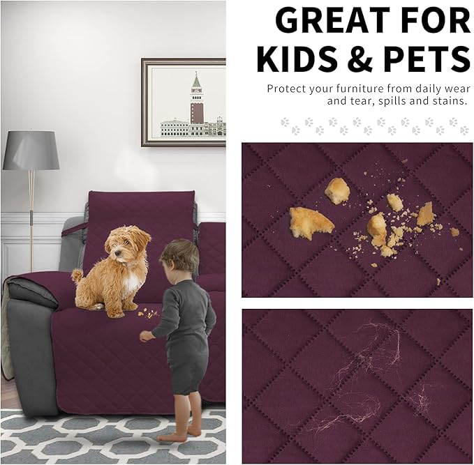 Easy-Going Loveseat Recliner Cover with Console, Reversible Couch Cover for Living Room, Split Sofa Cover for Each Seat with Elastic Straps for Kids, Dogs, Pets(2 Seater, Wine/Beige)
