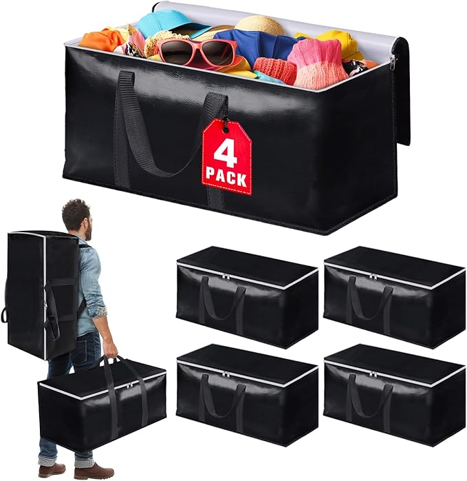 Heavy-Duty & Extra Capacity Moving Bags with Backpack Straps, Storage Totes with Double Zipper & Strong Handles, Packing Bags Alternative to Moving Boxes, Moving Supplies (4 Pack, Black)