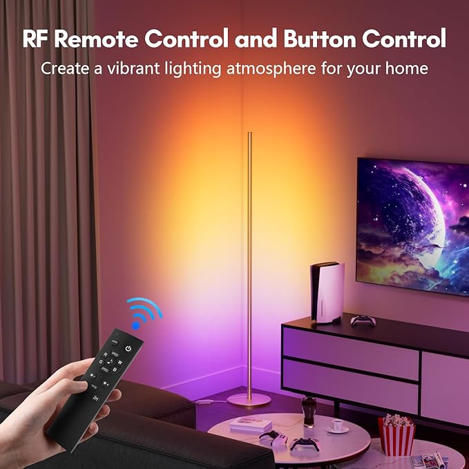 luckystyle Smart RGB Corner Floor Lamp,Bright LED Tall Modern Floor Lamp with APP and Remote,Ambient Lighting Color Changing Standing Lamps with Music Mode and Timing for Living Room,Bedroom Gold