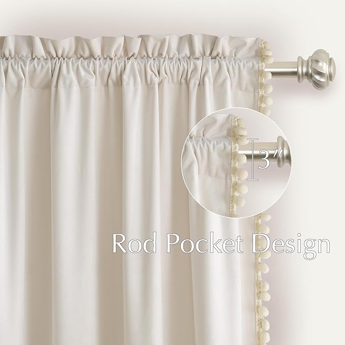 NICETOWN Ivory White Velvet Curtains 84" Long with Cute Pom-Pom Trim for Girls Bedroom & Playroom– Room Darkening Drapes Cheerful Home Decor, 52" W x 84" L, 2 Panels