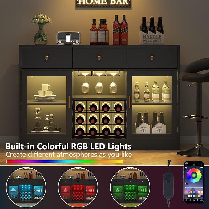 Auromie Wine Bar Cabinet with LED Light, Home Coffee Cabinet with Wine and Glass Rack, Kitchen Buffet Sideboard with Storage Cabinet&Drawers, Modern Liquor Cabinet for Living Room Dining Room (Black.)