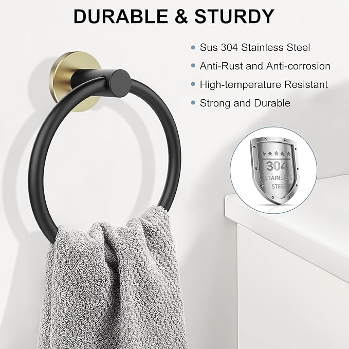 SetSail Towel Holder for Bathroom Wall 4 Packs Towel Ring Stainless Steel Heavy Duty Hand Towel Hanger for Bathroom Screw-in, Black and Gold
