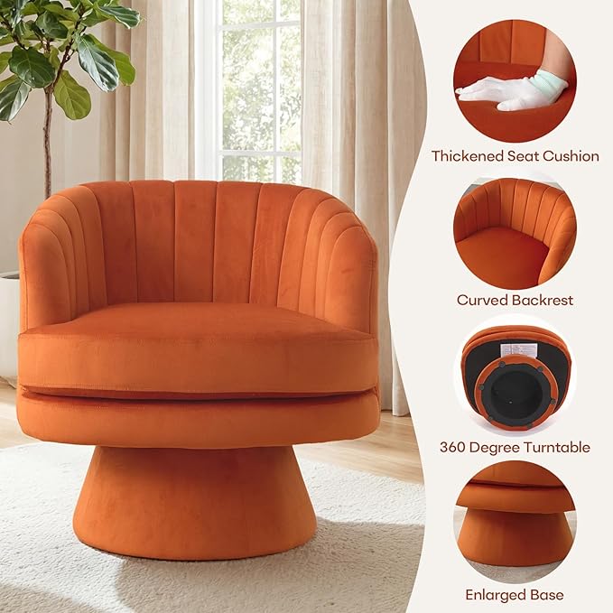 CANMOV Swivel Accent Chair with Armrest Set of 2, Modern 360 Degree Swivel Barrel Chair with Curve Back and Soft Cushion, Comfy Velvet Round Armchair Single Sofa for Living Room, Waiting Room, Orange