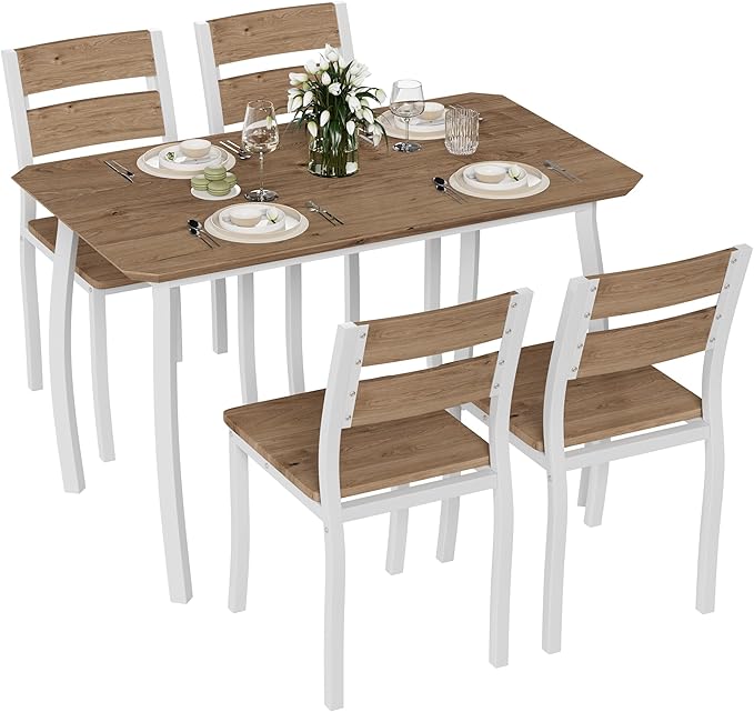 IDEALHOUSE Dining Table Set for 4 Modern Kitchen Table and Chairs Set with Chamfered Edges Cushioned Seats Space-Saving Metal Frame for Dining Room Apartment Small Spaces, White & Wood Grain Color