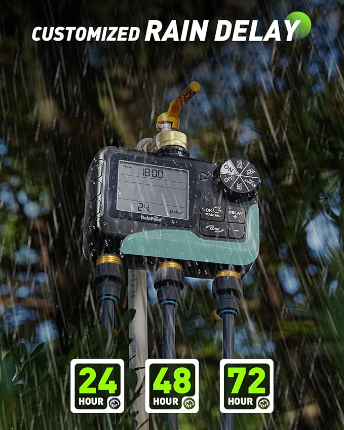 RAINPOINT 3 Zone Water Timer with Brass Inlet & Outlet, 3 Custom Watering Plans Sprinkler Timer, Featuring IP65 Waterproof,Rain Delay, Manual & Automatic Watering with Large LCD for Yard, 2026 Ver.