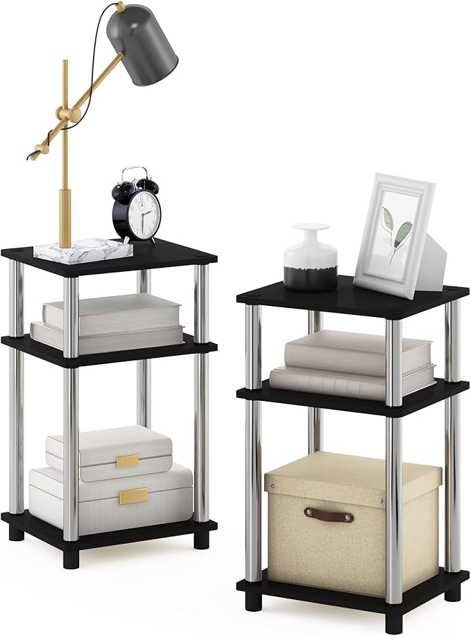 Furinno JUST Side Table Set of 2, 3-Tier Modern End Tables, Open Shelves Night Stand, Nightstand, Toolless Assembly, for Living Room, Bedroom, Americano/Stainless Steel