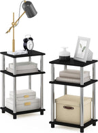 Furinno JUST Side Table Set of 2, 3-Tier Modern End Tables, Open Shelves Night Stand, Nightstand, Toolless Assembly, for Living Room, Bedroom, Americano/Stainless Steel