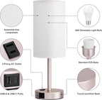 Fenmzee Antique White Bedside Table Lamp for Bedroom - 3 Way Dimmable Touch Lamp USB C Charging Ports and AC Outlet, Small Lamp Gold Base Round Flaxen Fabric Shade for Living Room, Desk