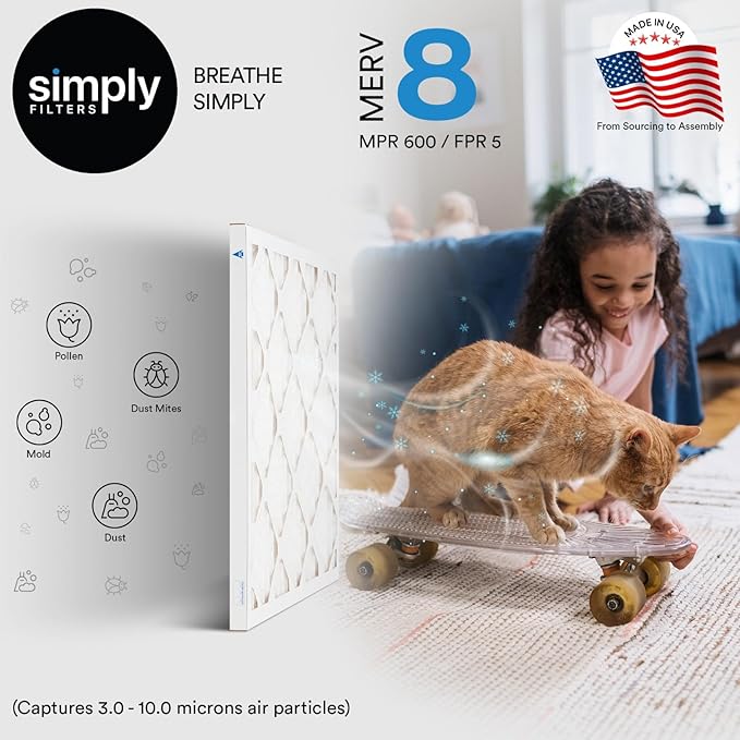 Simply 17x20x1 Air Filter, Merv 8, 6 Pack, For Home AC Furnace & HVAC (Actual Size: 16.75"x19.75"x0.75") DUST, Pet, & Allergy Control
