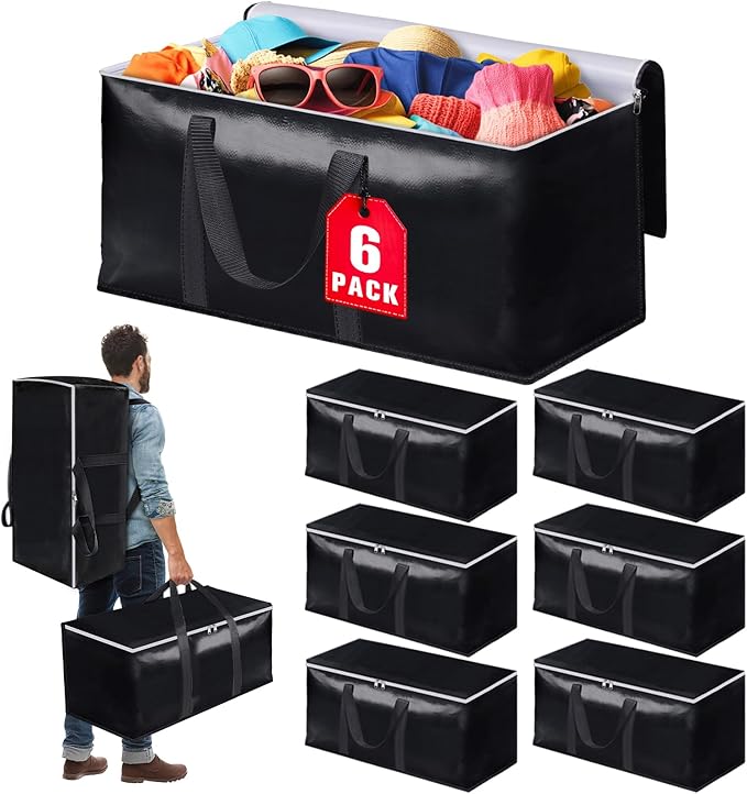 Heavy-Duty & Extra Capacity Moving Bags with Backpack Straps, Storage Totes with Double Zipper & Strong Handles, Packing Bags Alternative to Moving Boxes, Moving Supplies (6 Pack, Black)