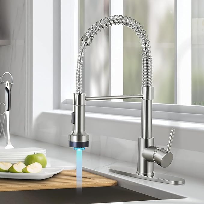 DJS Kitchen Faucets with Pull Down Sprayer Brushed Nickel LED Light Single Handle 1 or 3 Holes Spring Kitchen Sink Faucet with Deck Plate for Farmhouse RV Vessel Basin