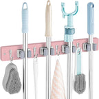 Pink Mop Broom Holder Wall Mount with 4 Slots & 4 Hooks - Wood Broom Mop Hanger for Pantry Closet Laundry Room Kitchen Organization - for Pink Kitchen Decor and Accessories