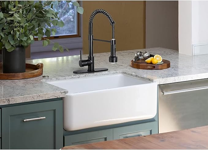 DJS Kitchen Faucets with Pull Down Sprayer LED Light Single Handle 1 or 3 Holes Spring Kitchen Sink Faucet with Deck Plate for Farmhouse RV Vessel Basin