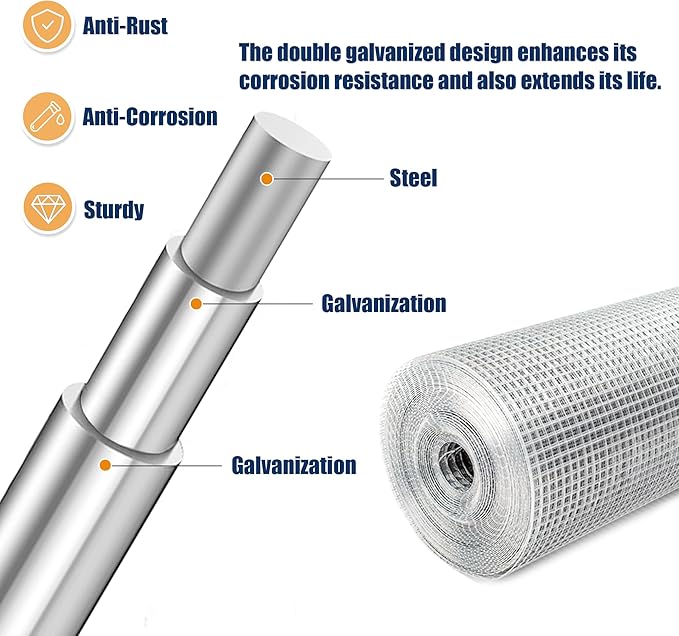 1/2inch 36Inch（H）x50Ft（L）19 Gauge Hardware Cloth Chicken Wire Fencing Hot-Dipped Galvanized Welded Chicken Wire Mesh Roll Metal Fence for Poultry Cage Home Improvement Projects