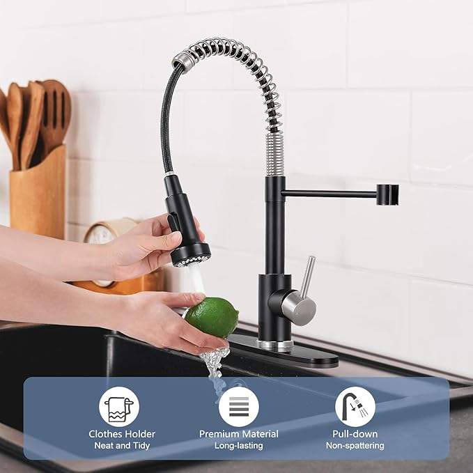 DJS Kitchen Faucets with Pull Down Sprayer Matte Black & Brushed Nickel High Arc Single Handle 1 or 3 Holes Spring Kitchen Sink Faucet with Deck Plate for Farmhouse RV Vessel Basin