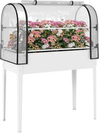 Outsunny Raised Garden Bed with Flip-Up Greenhouse Cover, Metal Elevated Garden Bed with Legs and Drainage Hole, Outdoor Raised Planter Box for Vegetables Herbs Flowers, 39.4" x 19.3" x 53.5", White