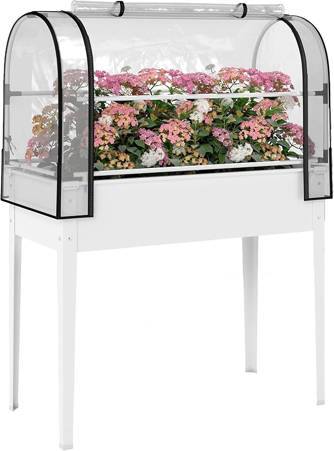 Outsunny Raised Garden Bed with Flip-Up Greenhouse Cover, Metal Elevated Garden Bed with Legs and Drainage Hole, Outdoor Raised Planter Box for Vegetables Herbs Flowers, 39.4" x 19.3" x 53.5", White