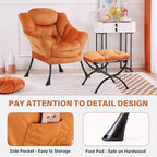 Tiita Lazy Chair with Ottoman, Orange Modern Large Accent Armchair, Comfy Leisure Sofa Reading Chair with Footrest for Bedroom, Living Room, Dorm Rooms, Garden, Velvet Orange
